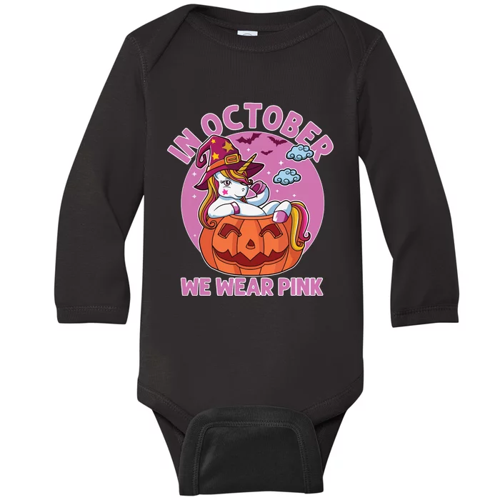 In October We Wear Pink Unicorn Breast Cancer Awareness Baby Long Sleeve Bodysuit