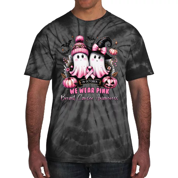 In October We Wear P.Ink Ghost Witch Breast Cancer Awareness Gift Tie-Dye T-Shirt