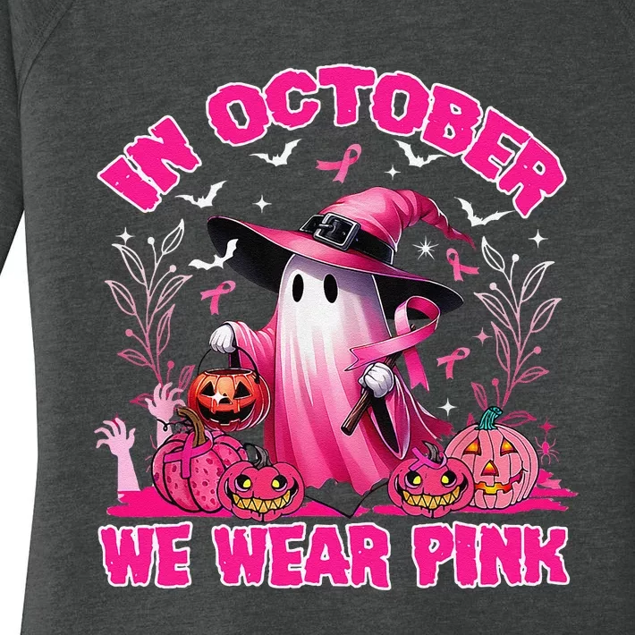 In October We Wear P.Ink Ghost Witch Breast Cancer Awareness Gift Women's Perfect Tri Tunic Long Sleeve Shirt