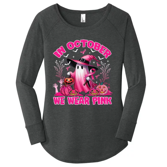 In October We Wear P.Ink Ghost Witch Breast Cancer Awareness Gift Women's Perfect Tri Tunic Long Sleeve Shirt