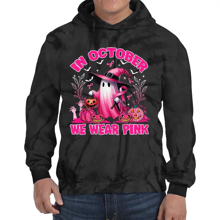 In October We Wear P.Ink Ghost Witch Breast Cancer Awareness Gift Tie Dye Hoodie