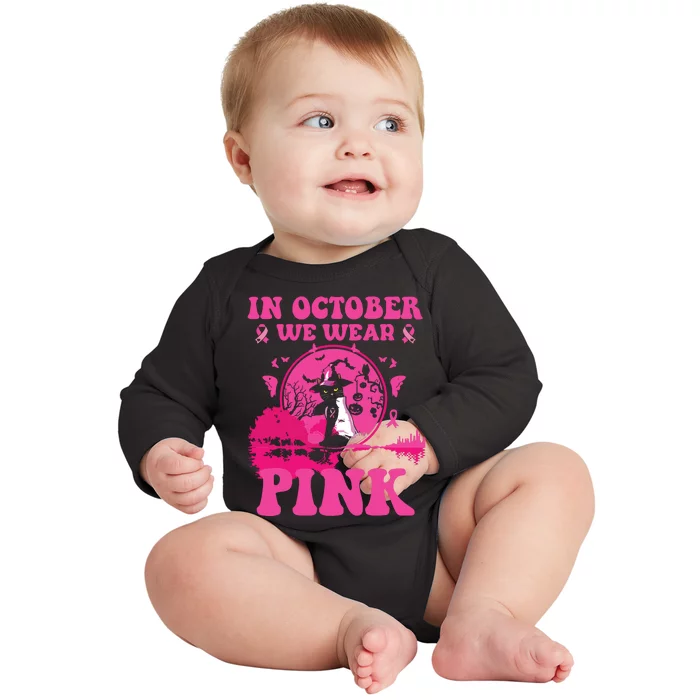 In October We Wear Pink Ribbon Cat Halloween Breast Cancer Baby Long Sleeve Bodysuit