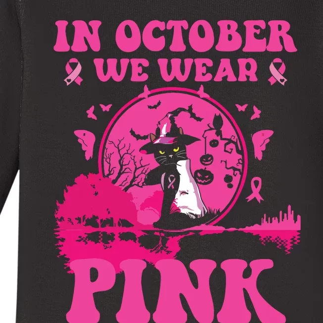 In October We Wear Pink Ribbon Cat Halloween Breast Cancer Baby Long Sleeve Bodysuit