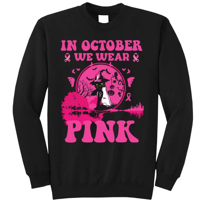 In October We Wear Pink Ribbon Cat Halloween Breast Cancer Tall Sweatshirt