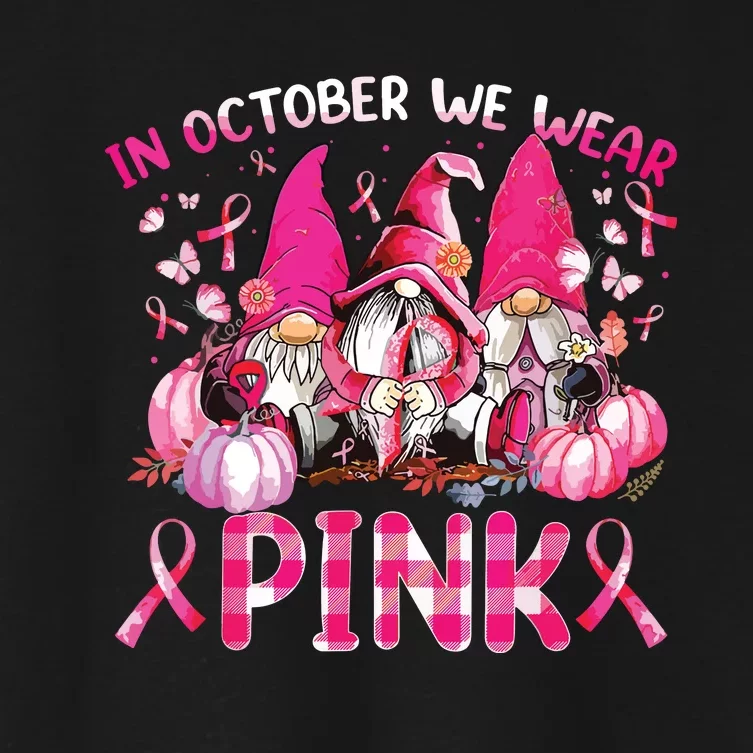 In October We Wear Pink Gnomes Breast Cancer Funny Halloween Women's Crop Top Tee