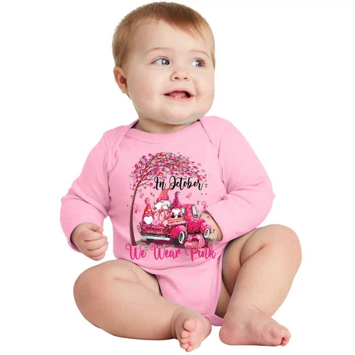 In October We Wear Pink Gnomes Truck Breast Cancer Baby Long Sleeve Bodysuit