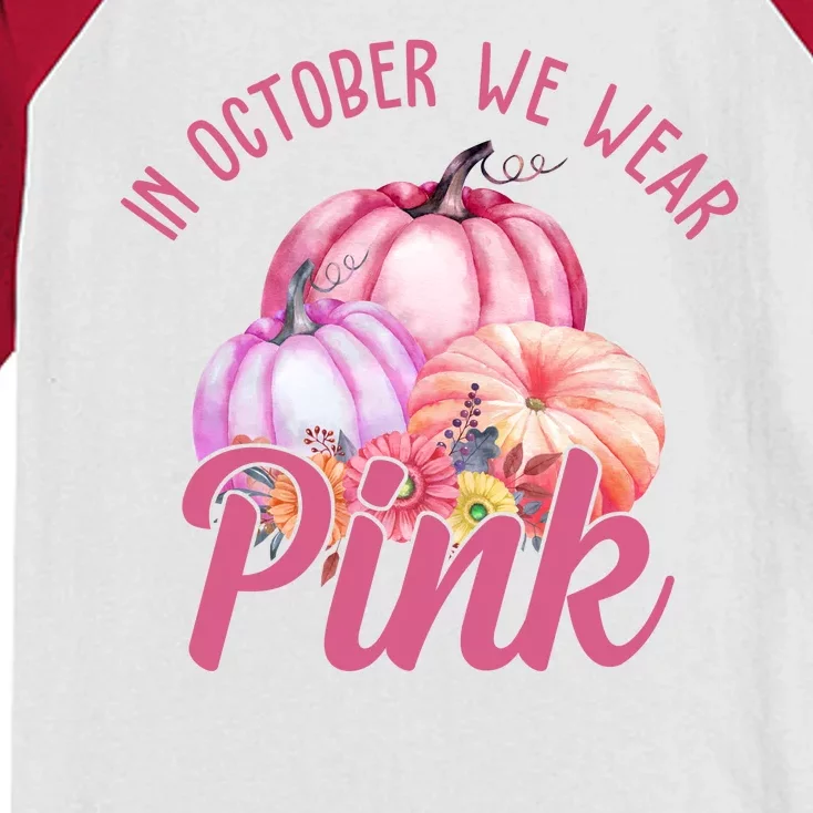 In October We Wear Pink Pumpkin Patch Breast Cancer Kids Colorblock Raglan Jersey