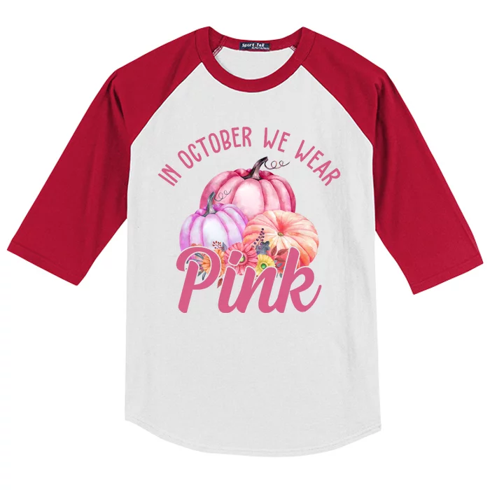 In October We Wear Pink Pumpkin Patch Breast Cancer Kids Colorblock Raglan Jersey