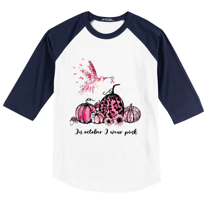 In October We Wear Pink Hummingbird Breast Cancer Awareness Baseball Sleeve Shirt