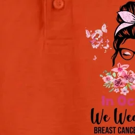 In October We Wear Pink Breast Cancer Messy Bun Floral Dry Zone Grid Performance Polo