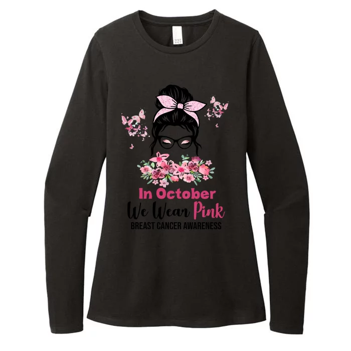 In October We Wear Pink Breast Cancer Messy Bun Floral Womens CVC Long Sleeve Shirt