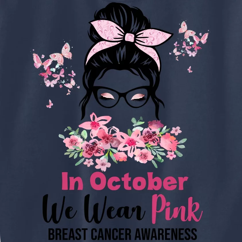 In October We Wear Pink Breast Cancer Messy Bun Floral Kids Sweatshirt