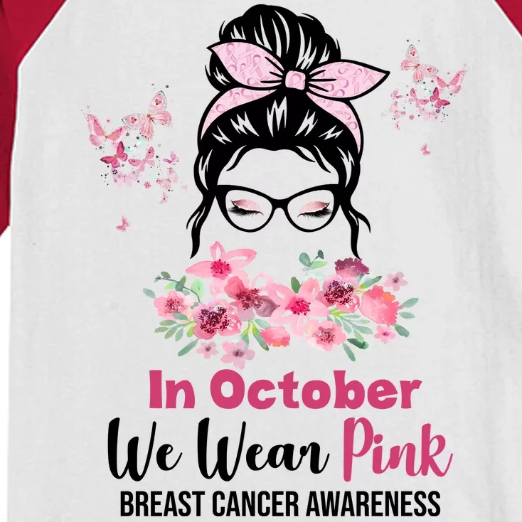 In October We Wear Pink Breast Cancer Messy Bun Floral Kids Colorblock Raglan Jersey