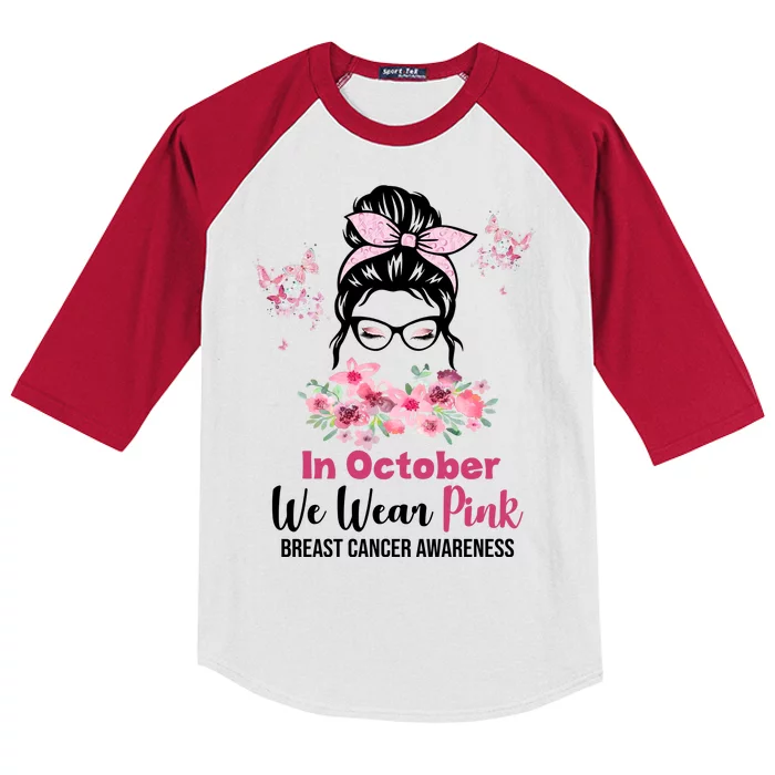 In October We Wear Pink Breast Cancer Messy Bun Floral Kids Colorblock Raglan Jersey