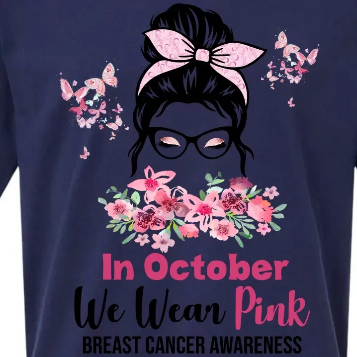 In October We Wear Pink Breast Cancer Messy Bun Floral Sueded Cloud Jersey T-Shirt