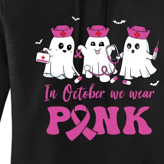 In October We Wear Pink Nurse Ghost Halloween Breast Cancer Women's Pullover Hoodie