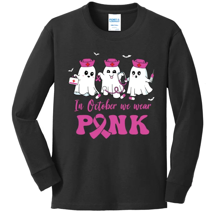 In October We Wear Pink Nurse Ghost Halloween Breast Cancer Kids Long Sleeve Shirt