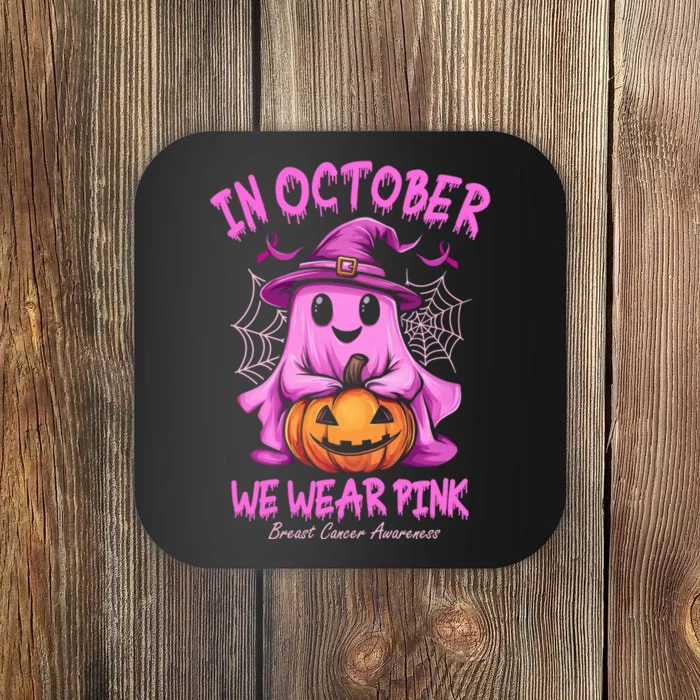 In October We Wear P.I.N.K. Ghost Witch Breast Cancer Awareness Coaster