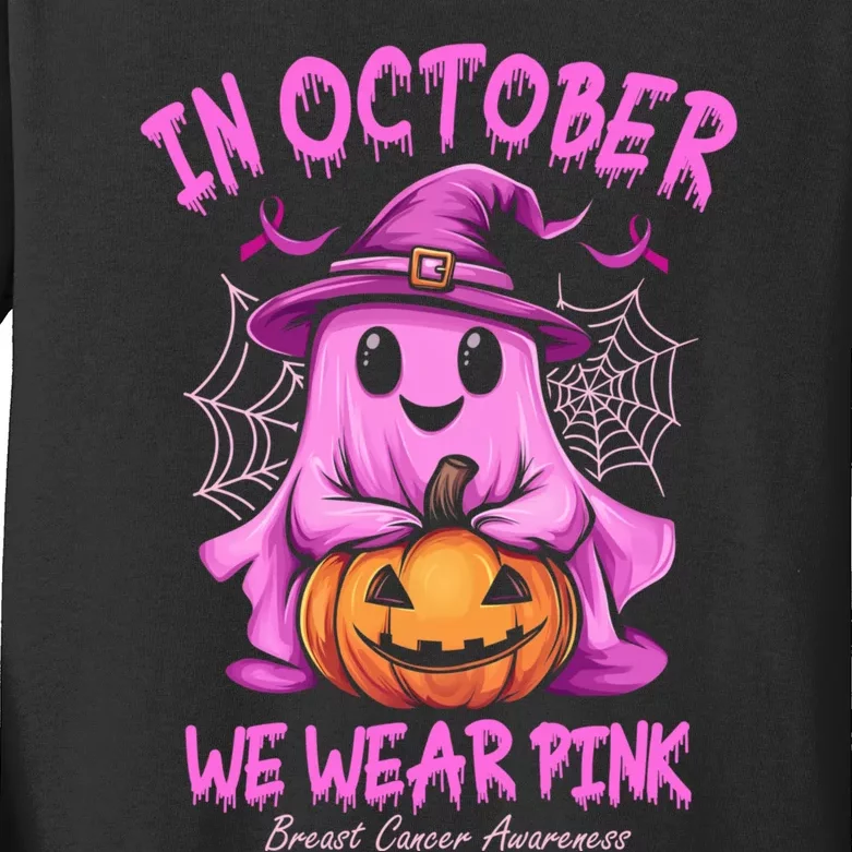 In October We Wear P.I.N.K. Ghost Witch Breast Cancer Awareness Kids Long Sleeve Shirt