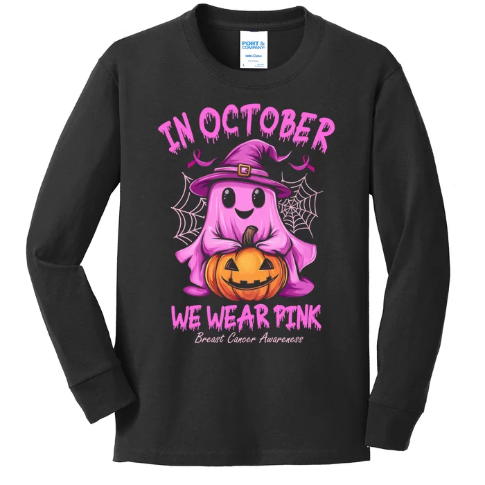 In October We Wear P.I.N.K. Ghost Witch Breast Cancer Awareness Kids Long Sleeve Shirt