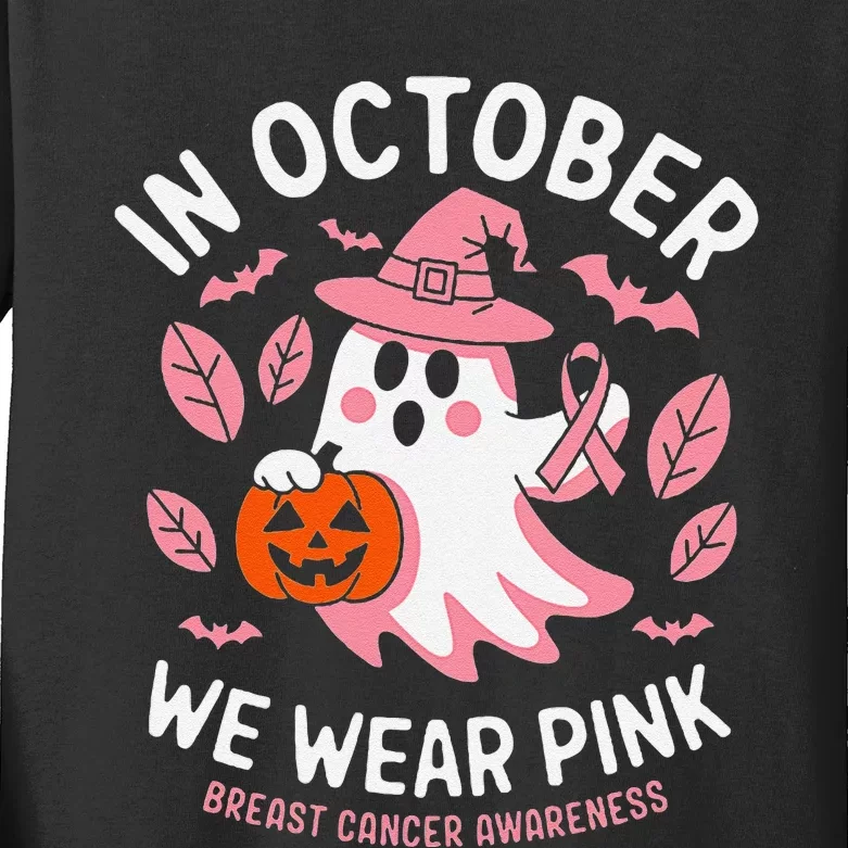 In October We Wear Pin.K Ghost Witch Breast Cancer Awareness Kids Long Sleeve Shirt