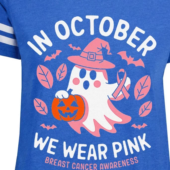 In October We Wear Pin.K Ghost Witch Breast Cancer Awareness Enza Ladies Jersey Football T-Shirt