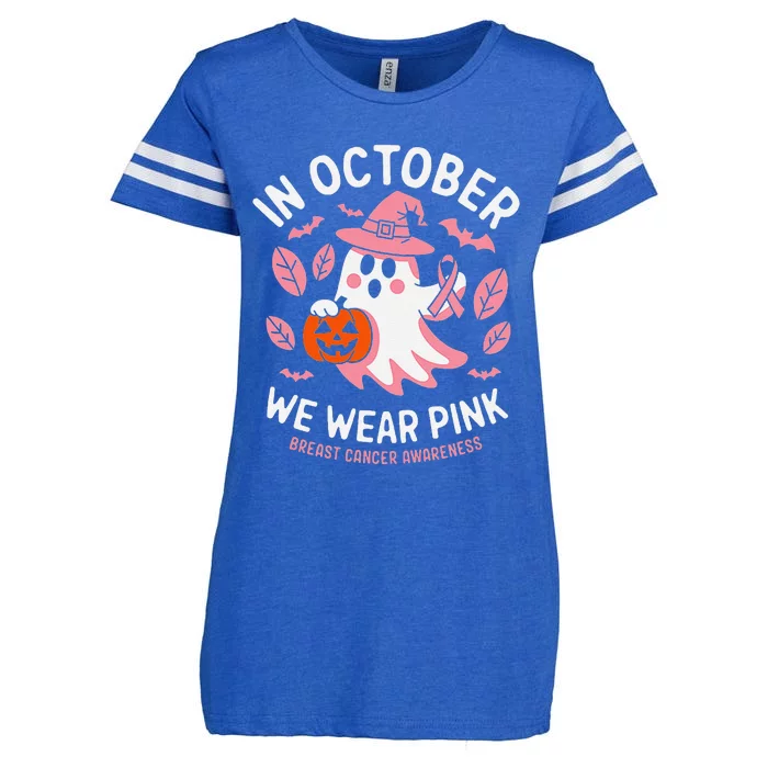 In October We Wear Pin.K Ghost Witch Breast Cancer Awareness Enza Ladies Jersey Football T-Shirt