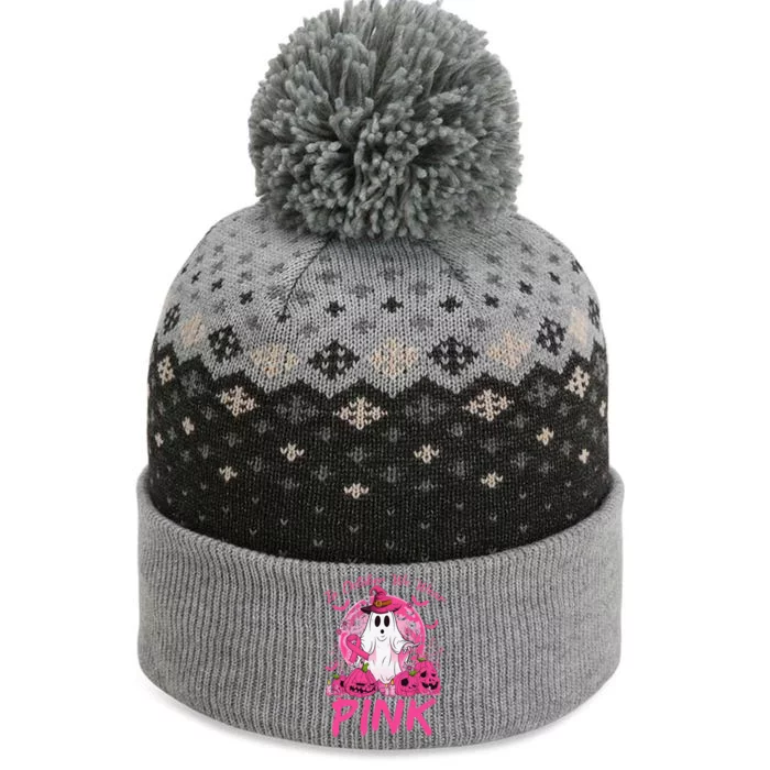 In October We Wear Pin.K Breast Cancer Ghost Witch Halloween The Baniff Cuffed Pom Beanie