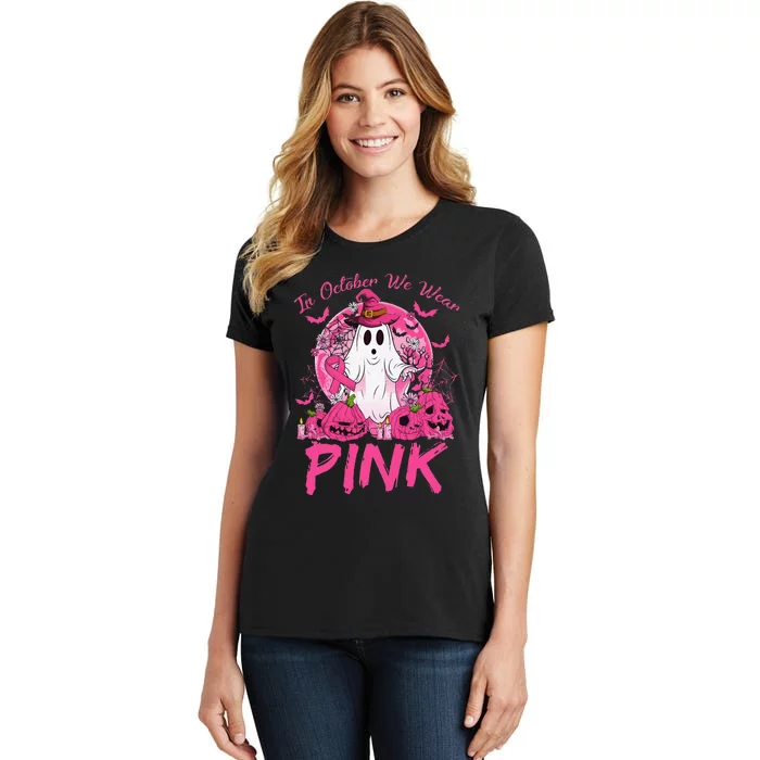 In October We Wear Pin.K Breast Cancer Ghost Witch Halloween Women's T-Shirt