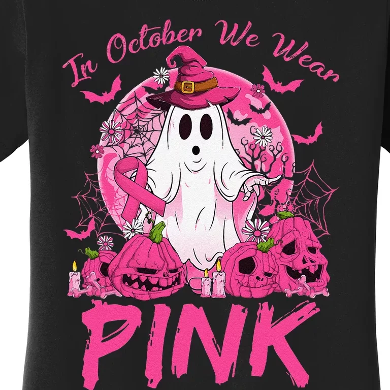 In October We Wear Pin.K Breast Cancer Ghost Witch Halloween Women's T-Shirt