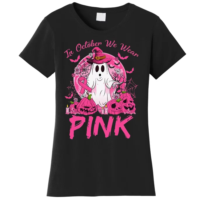 In October We Wear Pin.K Breast Cancer Ghost Witch Halloween Women's T-Shirt