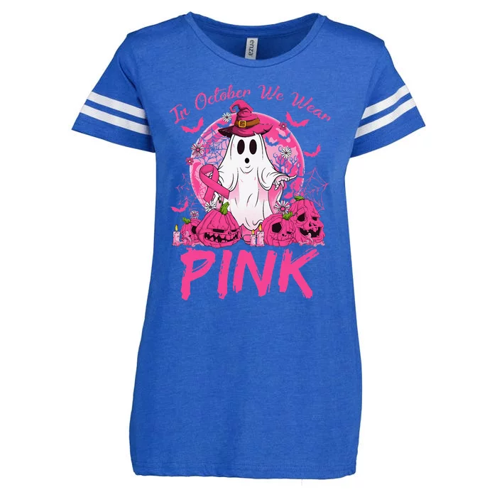 In October We Wear Pin.K Breast Cancer Ghost Witch Halloween Enza Ladies Jersey Football T-Shirt