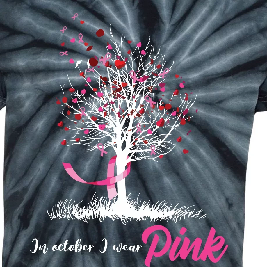 In October We Wear Pink Tree Breast Cancer Awareness Kids Tie-Dye T-Shirt