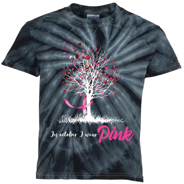 In October We Wear Pink Tree Breast Cancer Awareness Kids Tie-Dye T-Shirt