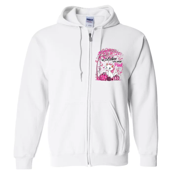 In October We Wear Pink Leopard Cat Breast Cancer Awareness Full Zip Hoodie