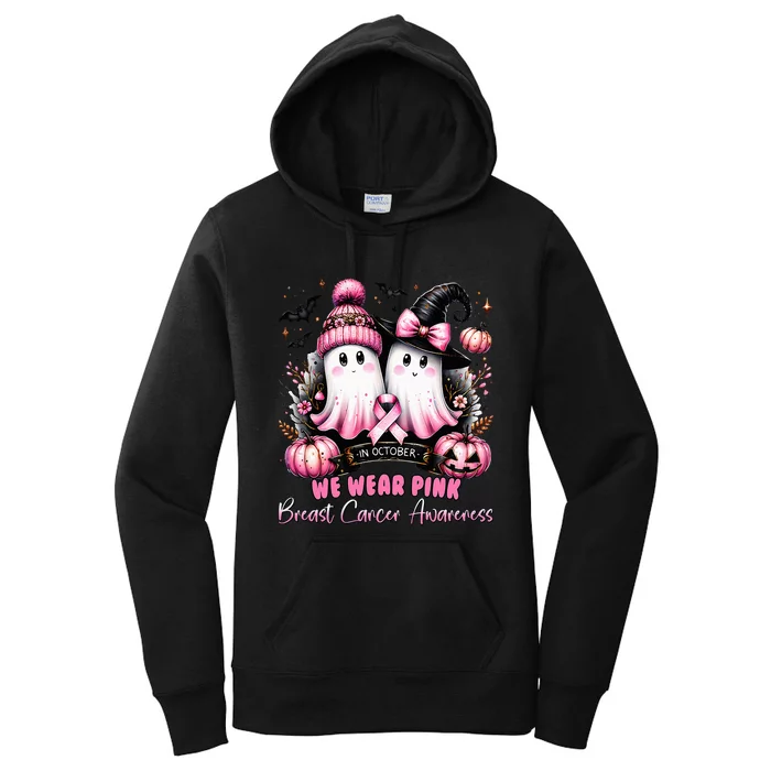 In October We Wear Ghost Witch Breast Cancer Awareness Women's Pullover Hoodie