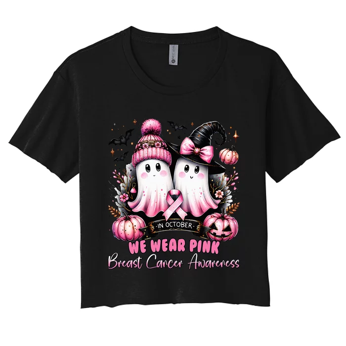 In October We Wear Ghost Witch Breast Cancer Awareness Women's Crop Top Tee