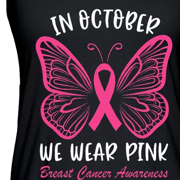 In October We Wear P.I.N.K Breast Cancer Awareness Butterfly Ladies Essential Flowy Tank