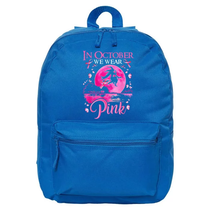 In October We Wear Pink Ribbon Witch Halloween Breast Cancer 16 in Basic Backpack