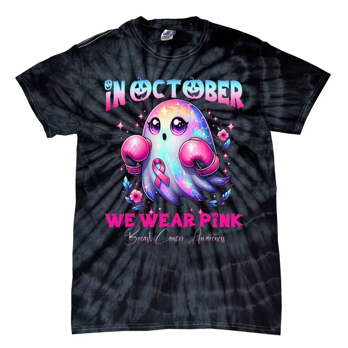 In October We Wear P.Ink Ghost Witch Breast Cancer Awareness Gift Tie-Dye T-Shirt