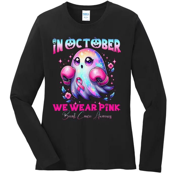 In October We Wear P.Ink Ghost Witch Breast Cancer Awareness Gift Ladies Long Sleeve Shirt