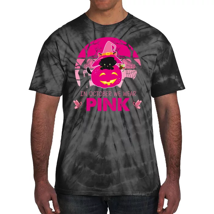 In October We Wear Pink Dinosaur Cat Witch Tie-Dye T-Shirt