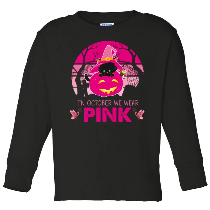 In October We Wear Pink Dinosaur Cat Witch Toddler Long Sleeve Shirt