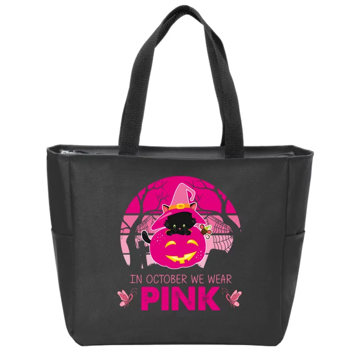 In October We Wear Pink Dinosaur Cat Witch Zip Tote Bag