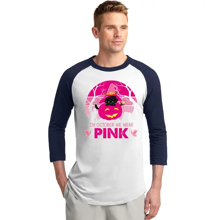 In October We Wear Pink Dinosaur Cat Witch Baseball Sleeve Shirt