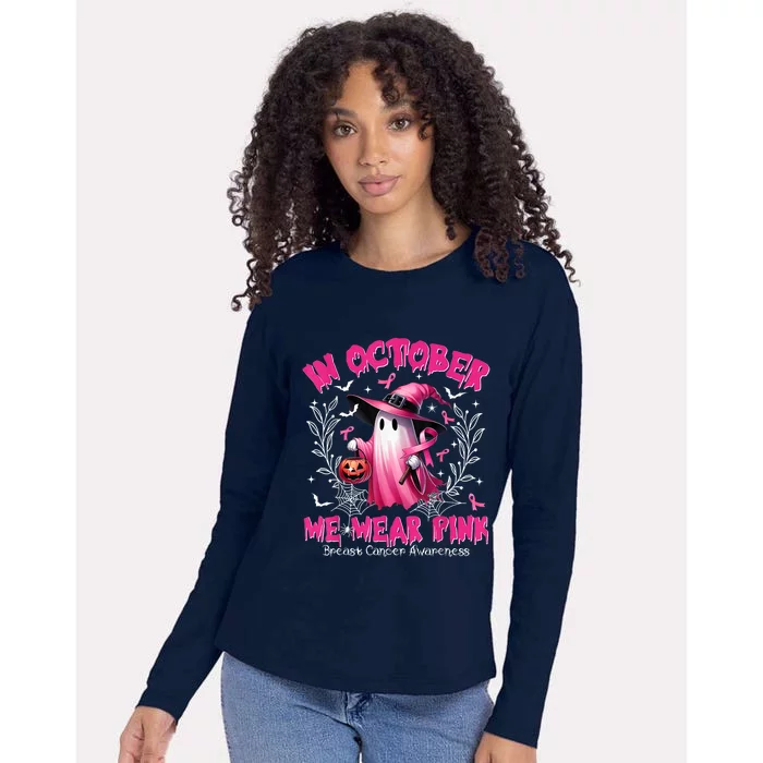 In October We Wear Ghost Witch Breast Cancer Awareness Womens Cotton Relaxed Long Sleeve T-Shirt