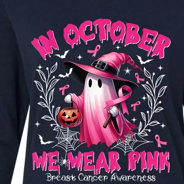 In October We Wear Ghost Witch Breast Cancer Awareness Womens Cotton Relaxed Long Sleeve T-Shirt