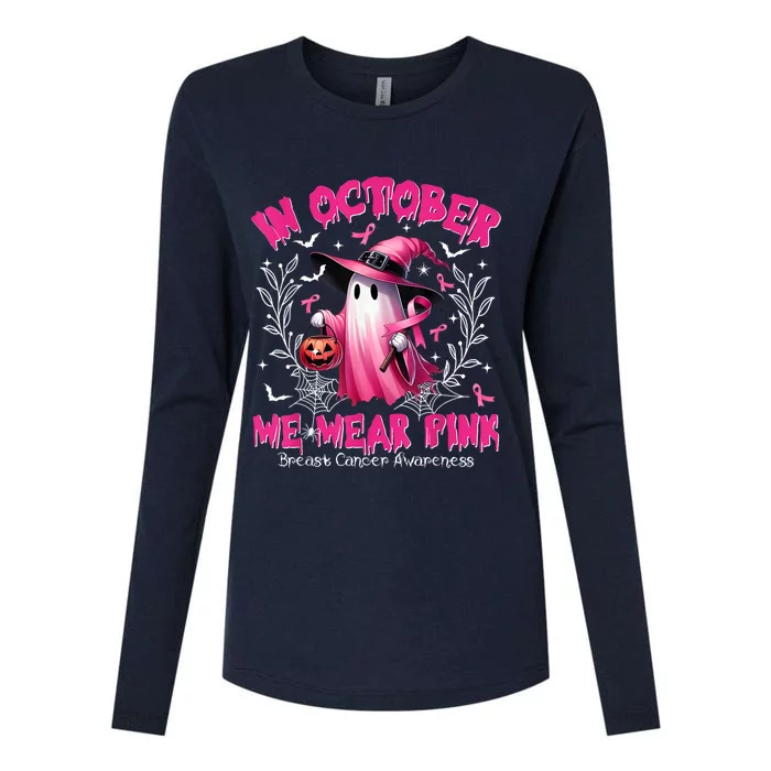 In October We Wear Ghost Witch Breast Cancer Awareness Womens Cotton Relaxed Long Sleeve T-Shirt