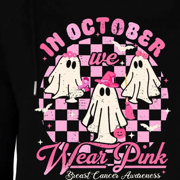 In October We Wear Pink Halloween Breast Cancer Awareness Womens Funnel Neck Pullover Hood