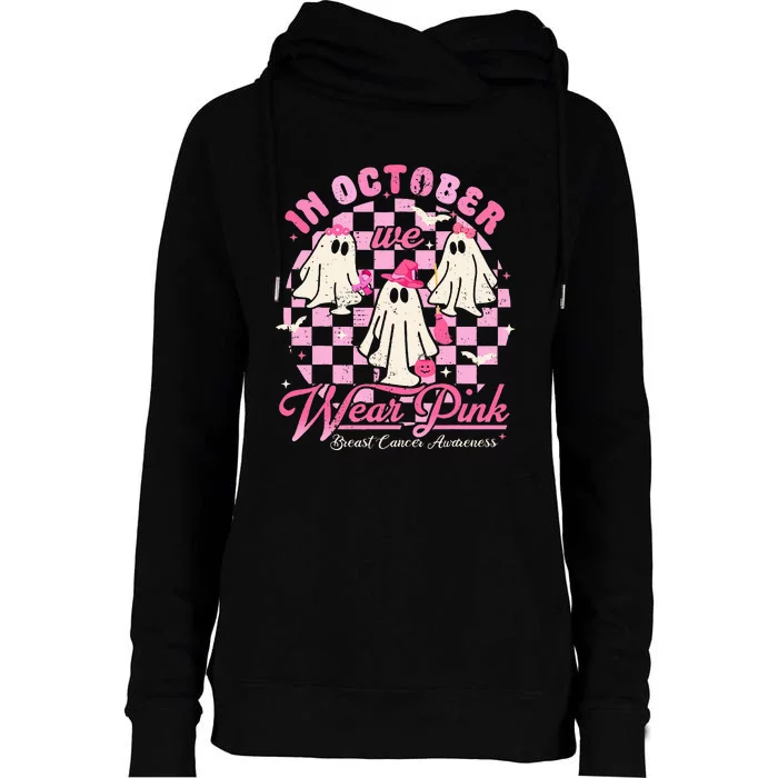 In October We Wear Pink Halloween Breast Cancer Awareness Womens Funnel Neck Pullover Hood